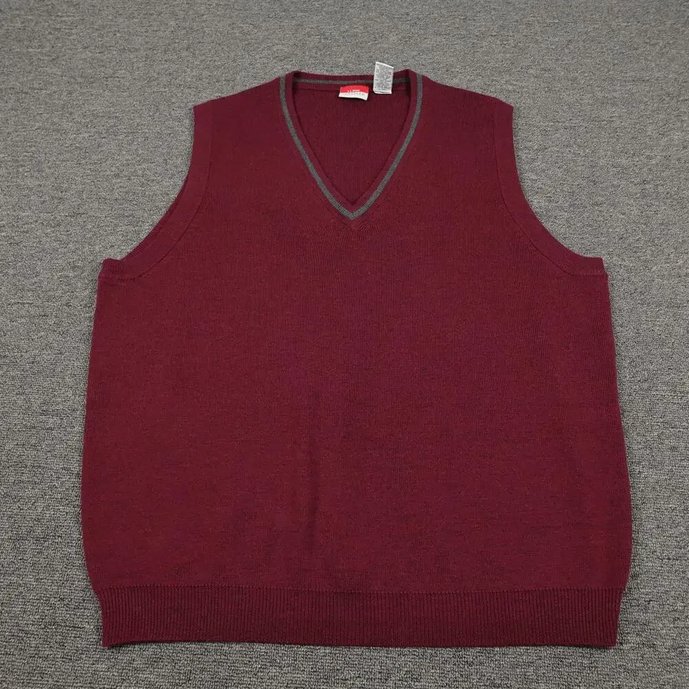 LL Bean Vest Mens LT Red 100% Merino Wool V Neck Sweater Knit Traveler Pullover